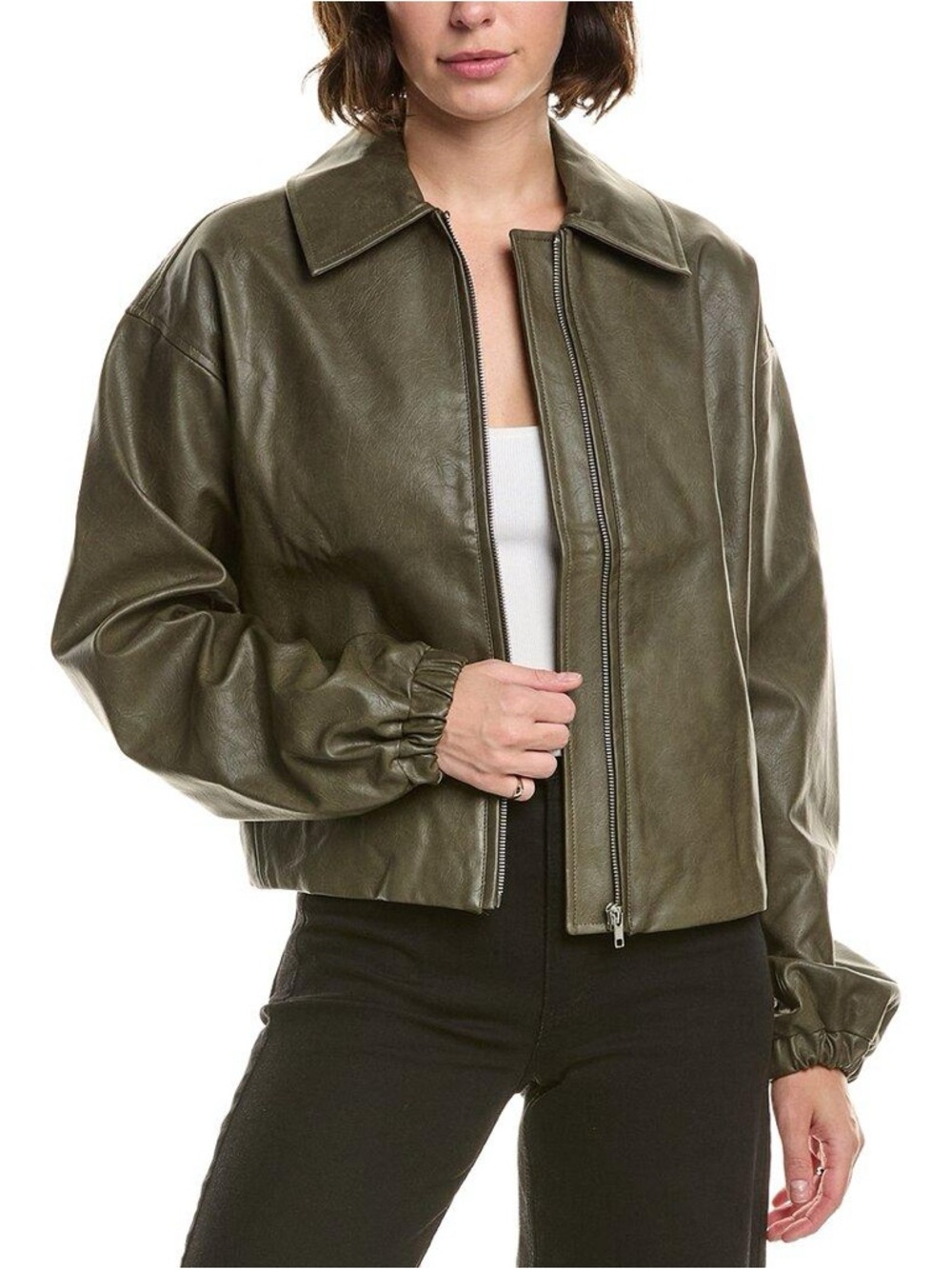 Elan Olive Green Vegan Leather Bomber Jacket Medium